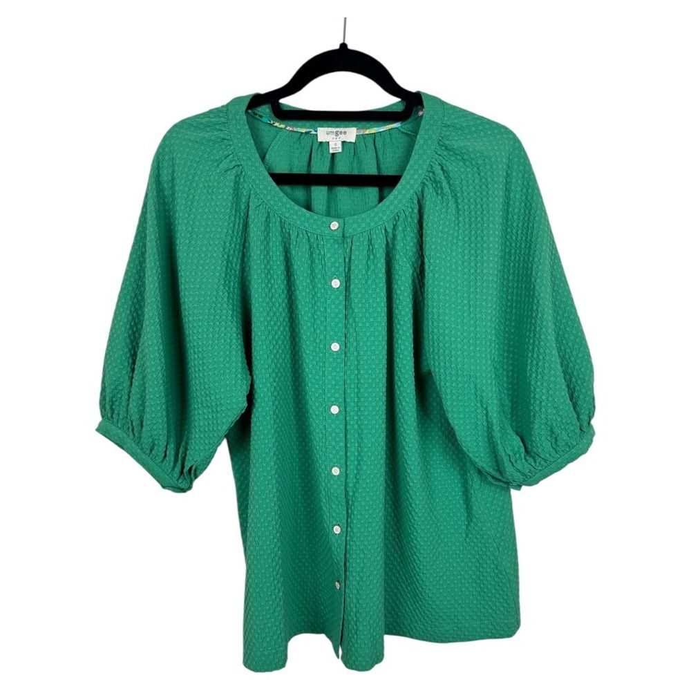 Umgee Green Puff Sleeve Relaxed Button Textured Blouse S